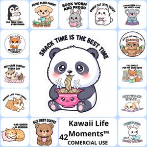 Puede incluir: Una colección de 42 pegatinas Kawaii Life Moments con varias ilustraciones de animales lindos. Las pegatinas presentan frases como "Snack Time is the Best Time" y "But First Coffee". Las pegatinas están diseñadas para uso comercial.