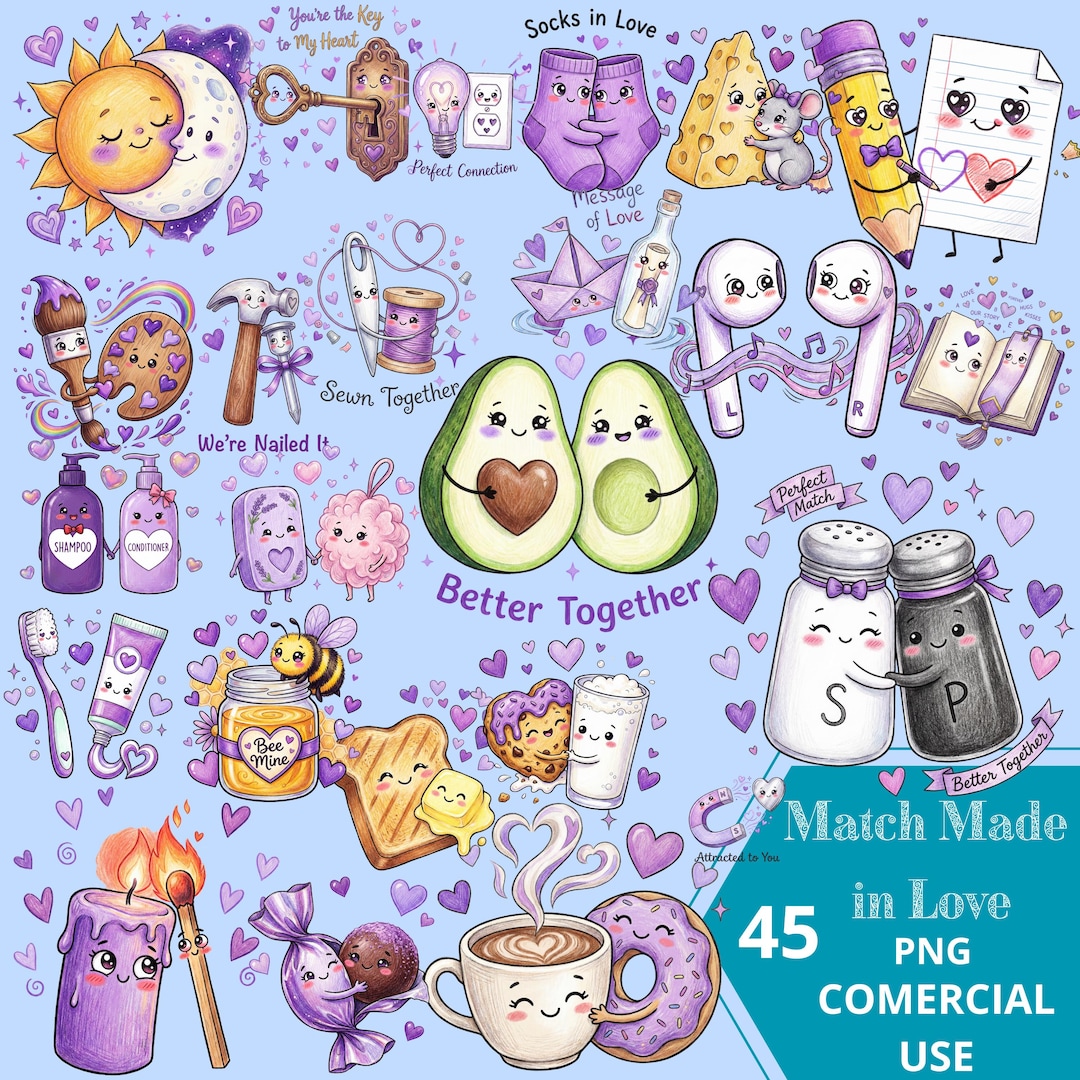 Match Made Love Clipart PNG, Cute Couples Graphics, Kawaii Valentine ...