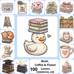 Puede incluir: Una colección de ilustraciones con libros, café y flores. Las imágenes incluyen pilas de libros, un pato con libros en la cabeza, una taza de café con un corazón y un gato durmiendo sobre libros. El texto incluye "Reading Time" y "Book Lover".