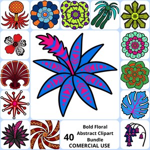 Puede incluir: Una colección de 40 diseños de imágenes prediseñadas florales abstractas en negrita. Las imágenes presentan varias ilustraciones coloridas de flores y plantas con contornos negros. El texto de la imagen dice "Bold Floral Abstract Clipart Bundle Commercial Use."