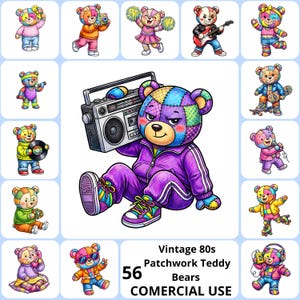 Puede incluir: Una colección de 56 ilustraciones de osos de peluche patchwork coloridos en varias poses, incluido uno sosteniendo un radiocasete. Los osos visten ropa de estilo años 80. También está presente el texto "Vintage 80s Patchwork Teddy Bears" y "COMERCIAL USE".