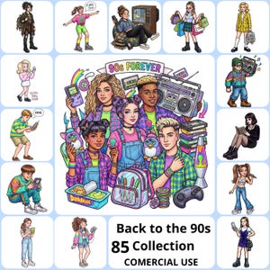 Puede incluir: Ilustración digital colorida con temática de los años 90, con varios personajes de dibujos animados y objetos como una radio, una Game Boy y un Furby. También se muestra el texto "90s Forever" y "Back to the 90s 85 Collection".