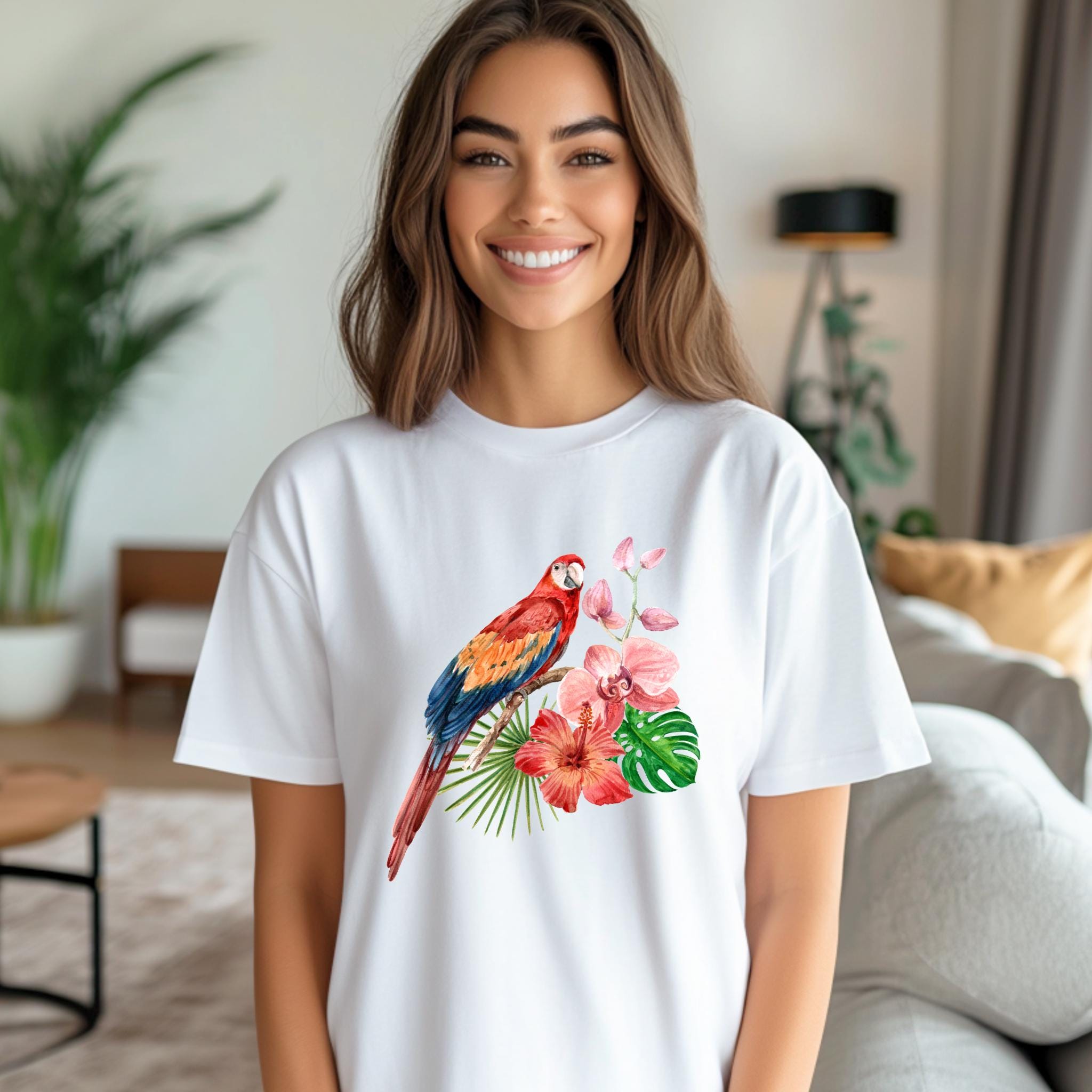 トロピカルバードTシャツ、トロピカルフラワーTシャツ、誕生日 