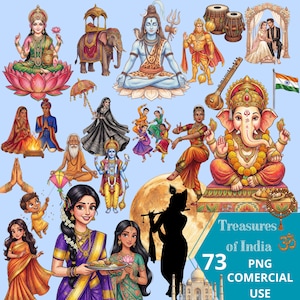 Pode incluir: Uma coleção de 73 imagens PNG com figuras culturais e religiosas indianas, incluindo divindades, dançarinos e vestimentas tradicionais. As imagens são em cores vibrantes e incluem o texto "Treasures of India".