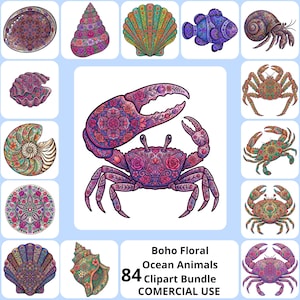 May include: A collection of Boho Floral Ocean Animals clipart. The images include various sea creatures such as crabs, fish, and seashells, all decorated with floral patterns. The text in the image reads "Boho Floral Ocean Animals 84 Clipart Bundle COMMERCIAL USE."