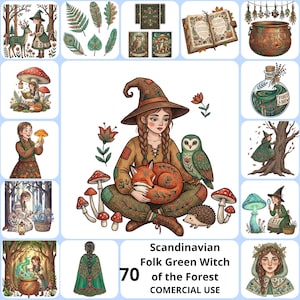 Puede incluir: Ilustración digital con el tema de la Bruja Verde Popular Escandinava. La imagen presenta una bruja con un zorro, un búho y setas. Otros elementos incluyen un caldero, una botella de poción y escenas de bosque. El texto dice "Scandinavian Folk Green Witch of the Forest".