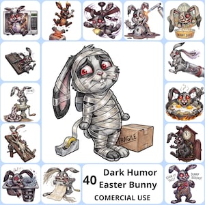 May include: A collection of 40 dark humor Easter bunny illustrations. The central image shows a mummy bunny with a box labeled "Fragile." Other images depict bunnies in various humorous and macabre scenarios. The text reads "Dark Humor Easter Bunny" and "COMERCIAL USE."