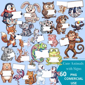 Puede incluir: Una colección de ilustraciones de animales adorables, cada uno sosteniendo un letrero blanco en blanco. Los animales, como un pingüino, un conejo, un búho y un zorro, están decorados con patrones florales y geométricos. El texto "Cute Animals with Signs" también está presente.