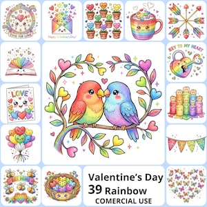 Puede incluir: Colección de ilustraciones coloridas con temática de San Valentín. Incluye un reloj, un sobre, corazones en macetas, una taza arcoíris, flechas, un libro, una tarjeta, globos, pájaros, velas, una pancarta, abejas, un nido y mariposas. El texto incluye "Time for Love".