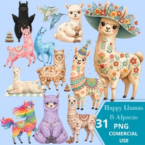 Puede incluir: Ilustraciones de llamas y alpacas caprichosas en varios colores y diseños. Algunas llamas llevan sombreros de fiesta, decoraciones florales o sostienen ositos de peluche. La imagen incluye el texto "Happy Llamas & Alpaca" y "31 PNG COMERCIAL USE".