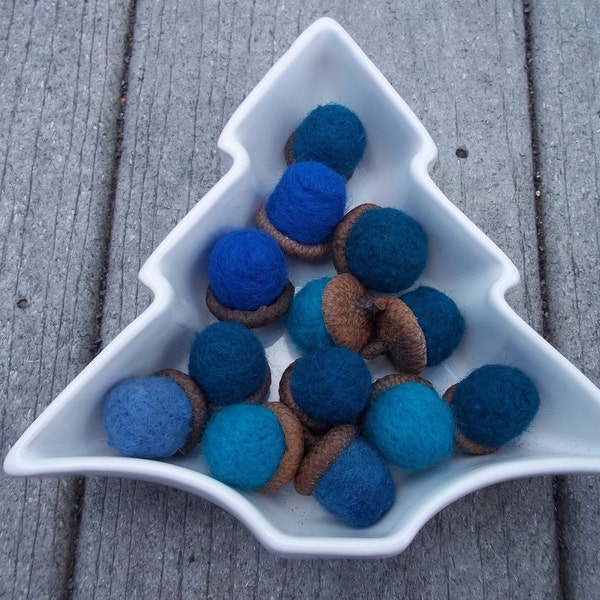 Blue Felted Acorns Real Acorn tops  set of 5