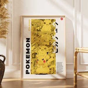 May include: A framed poster featuring Pikachu from the Pokémon series. The poster has a gold and white color scheme with the word "Pokemon" in bold black letters. The poster is displayed on a white wall next to a vase with dried plants.