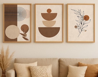 Boho Abstract Wall Art Set of 3, Neutral Earth Tone Prints, Minimal Geometric & Botanical Posters, Modern Boho Home Decor