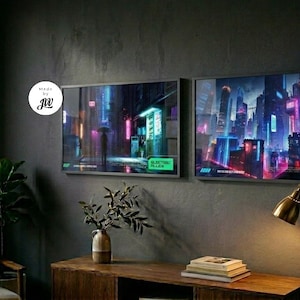 May include: Two rectangular wall art prints featuring vibrant cyberpunk cityscapes with neon pink and blue lighting. The left print displays the text "ELECTRIC ALLEY" and the right print displays "NEON NIGHT CITY". A circular badge indicates "5 SIZES INCLUDED".