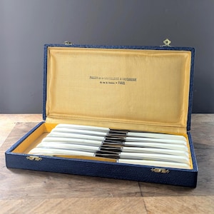 Antique box of 12 stainless steel and bakelite knives, Maison de la Coutellerie & Orfèvrerie Paris, Vintage tableware, complete box