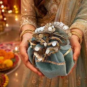 May include: A light blue velvet drawstring pouch featuring decorative gold trim and rows of shimmering silver sequins. The small bag has a gathered top closure and is constructed from soft fabric with metallic embellishments along the edges.