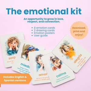 Puede incluir: El Kit Emocional incluye tarjetas de emociones, tarjetas de dibujo y carteles. Las tarjetas presentan ilustraciones en acuarela de niños que expresan emociones como sorpresa, miedo y alegría. El kit está diseñado para ayudar a crecer el amor, el respeto y la conexión.