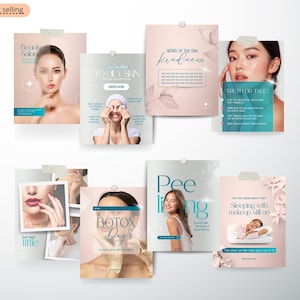 Puede incluir: Una colección de plantillas promocionales para salones de belleza. Las plantillas presentan imágenes de mujeres, texto y diseños florales. El texto incluye frases como "Beauty Salon", "To Oily Skin", "Word of the Day: Kindness", "Truth or Tale?", "Botox Day" y "Sleeping with makeup still on."