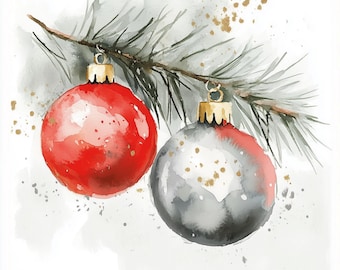 May include: Watercolour painting of two Christmas baubles, one red and one grey, hanging from a pine branch. Gold accents and a white background complete the festive scene. The baubles have gold caps.