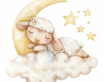 9 Watercolor Sleeping Lamb Clipart on Crescent Moon, Clouds, Lamb Nursery Print, Paper craft, junk journal (Digital Download, JPG & PNGs)