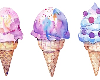 12 imágenes prediseñadas de helados de acuarela: JPG y PNG de alta resolución (descarga digital)