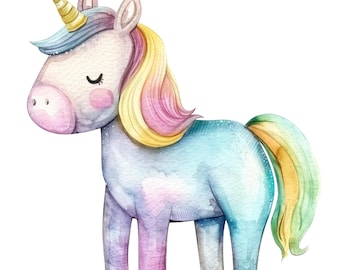 9 Pastell Einhorn Clipart, süßes Einhorn PNG, Aquarell magisches Einhorn Bundle, Mädchen-Geburtstags-Party-Kunst, Kinderzimmer Dekor (digitaler Download)