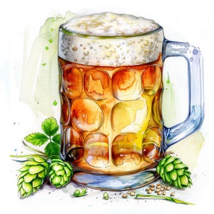Könnte beinhalten: Aquarell-Illustration eines großen Bierkrugs, gefüllt mit goldenem Bier und einem dicken, schaumigen Kopf. Grüne Hopfen und Blätter befinden sich am Boden des Bierkrugs. Der Krug hat einen Henkel und ein strukturiertes, blasenartiges Design.