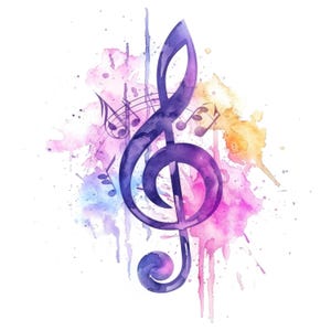 9 notas musicales, clave de sol en acuarela, impresión musical artística, JPG PNG de alta calidad para crear álbumes de recortes, diarios basura y claves musicales.