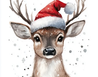 20 Deer With Santa Hat Clipart | Reindeer and Fawn | Watercolor Designs ...