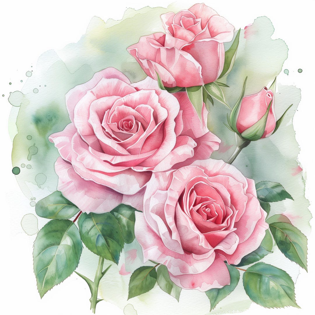 13 Pink Roses Set Clipart, Roses Bouquet, Printable Watercolor Clipart ...