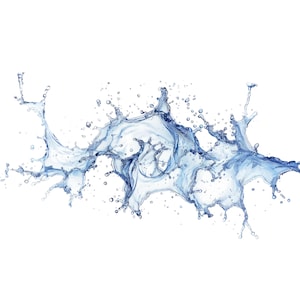 Può includere: Immagine dinamica di uno schizzo d'acqua, che mostra un'esplosione di liquido blu chiaro su sfondo bianco. Lo schizzo è dettagliato con goccioline e motivi intricati, catturando l'essenza del movimento e della fluidità.