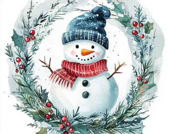 Può includere: Illustrazione ad acquerello di un pupazzo di neve con un berretto blu a maglia e una sciarpa a righe rosse e bianche. Il pupazzo di neve ha un naso a carota, braccia di ramoscelli e occhi a bottone neri. È circondato da una ghirlanda di aghi di pino verdi, agrifoglio e bacche rosse.