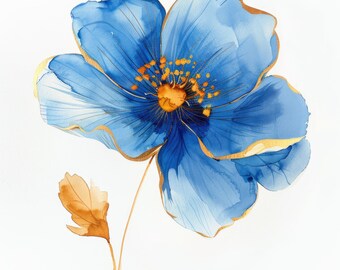 10 Clipart di fiori astratti, stampa blu dorata, clipart acquerello stampabile, PNG di alta qualità, download digitale, artigianato di carta, diari spazzatura
