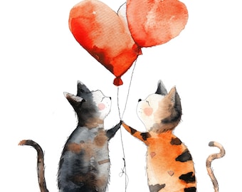 10 Kitten Love Clipart, Romantic Cats Clipart, Printable Watercolor, High Quality JPG PNG, Digital download, Paper craft, junk journals