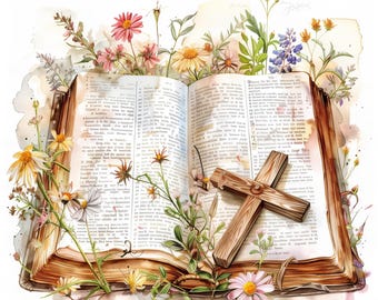 14 Bible with Cross and Flowers Clipart | Religious Floral Illustration Design | Printable Watercolor clipart | High Quality JPGs