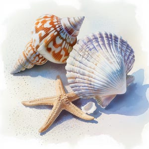Puede incluir: Ilustración en acuarela de conchas marinas y una estrella de mar. La imagen presenta una concha grande y estampada en tonos naranja y blanco, una concha de vieira blanca y azul, y una estrella de mar beige. Los objetos están dispuestos sobre una superficie clara y arenosa.