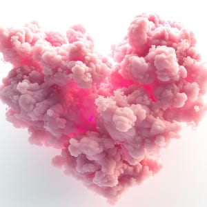 May include: A cloud-like formation in the shape of a heart, rendered in soft pink hues. The heart shape is composed of fluffy, textured elements, with a vibrant pink glow emanating from within. The background is a gradient of white.