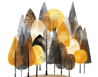 May include: Watercolor illustration of a forest scene with trees in shades of yellow, brown, and gray. The trees have various shapes and textures, with some featuring dotted patterns and others with delicate branches. The artwork has a minimalist style.