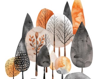 May include: Watercolor illustration of a forest scene with trees in various shapes and colors. The trees feature shades of black, gray, orange, and beige, with some having intricate branch details. The artwork is set against a white background.