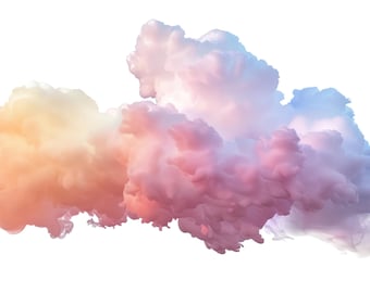 May include: An abstract image of clouds in shades of orange, pink, and blue against a white backdrop. The clouds have a soft, fluffy appearance, with a gradient of colours blending together. The image evokes a sense of serenity and calm.