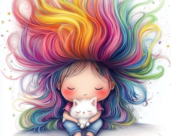 12 Quirky Girl Clipart | Sweet Girl with Cat | Printable Watercolor clipart | High Quality JPGs | Paper craft | junk journal