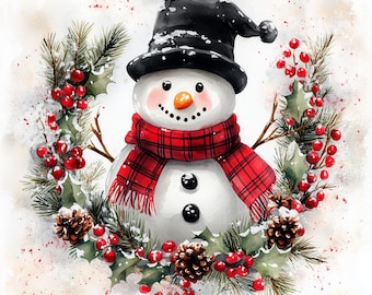 Può includere: Illustrazione ad acquerello di un pupazzo di neve con cappello nero e sciarpa a quadri rossi. Il pupazzo di neve ha un naso a carota e una bocca sorridente. È circondato da una ghirlanda di agrifoglio, bacche, pigne e rami sempreverdi.