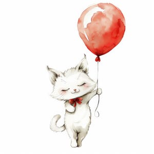 May include: Watercolor illustration of a white cat holding a red balloon. The cat has closed eyes, a red bow, and a sweet expression. The balloon is round and has a red string.