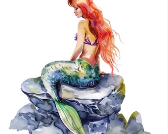 9 Watercolor Mermaid Clipart, Mermaid On Stone, Printable Watercolor clipart, High Quality, Digital download, Paper craft, junk journal
