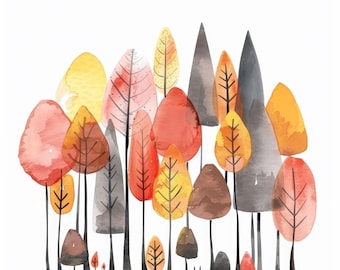 May include: Watercolor painting of a forest with trees in shades of red, orange, yellow, and gray. The trees have long, thin black trunks and various leaf shapes. The background is white.