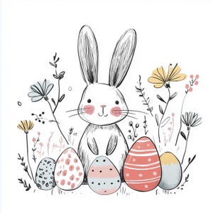 May include: An illustration of an Easter bunny with long ears, surrounded by decorated Easter eggs and wildflowers. The bunny is white with pink cheeks, and the eggs are decorated with patterns and pastel colours. The artwork is set against a white background.