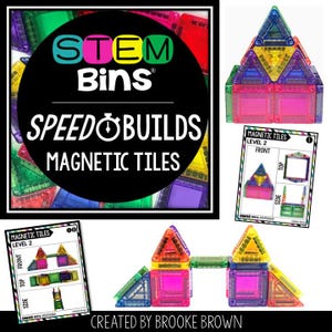 Może przedstawiać: Kolekcja kolorowych kafelków magnetycznych i przykłady budowli. Obraz zawiera tekst "STEM Bins SPEED BUILDS MAGNETIC TILES" w okrągłym wzorze. Przykłady budowli obejmują dom i most. Tekst "CREATED BY BROOKE BROWN" znajduje się na dole.