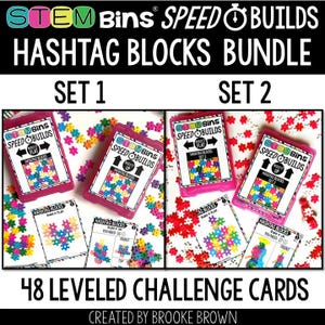 May include: STEM Bins Speed Builds Hashtag Blocks Bundle. The image shows two sets of building block sets, each in a pink case. Each set includes challenge cards with colorful block designs. The text on the cards reads "48 Leveled Challenge Cards."