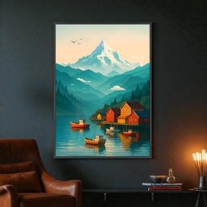 Norwegian Fishing Village Print, Nordic Landscape Wall Art, Fjord Cabin Poster, Scandinavian Digital Download Art