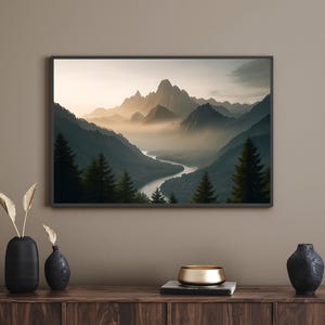 Mountain Wall Art Download, Nordic Tranquil Nature Landscape Printable Poster